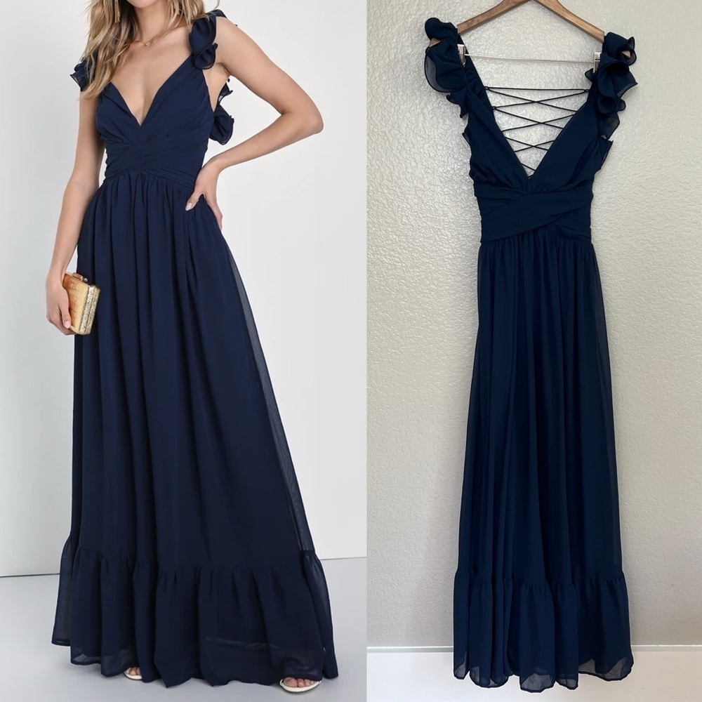 Soiree Celebration Navy Blue Ruffled Lace-Up Maxi Dress